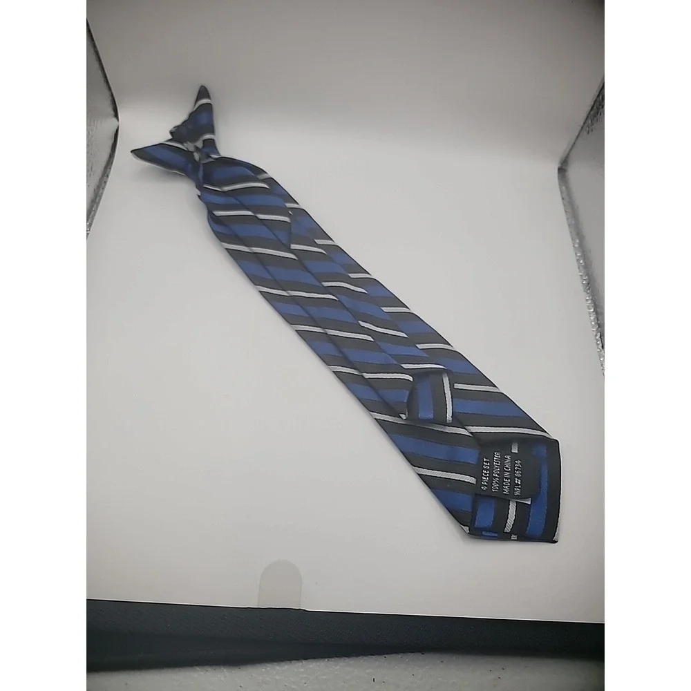 Unbranded Boys Clip On Tie Blue White Black Striped Shirt Suit